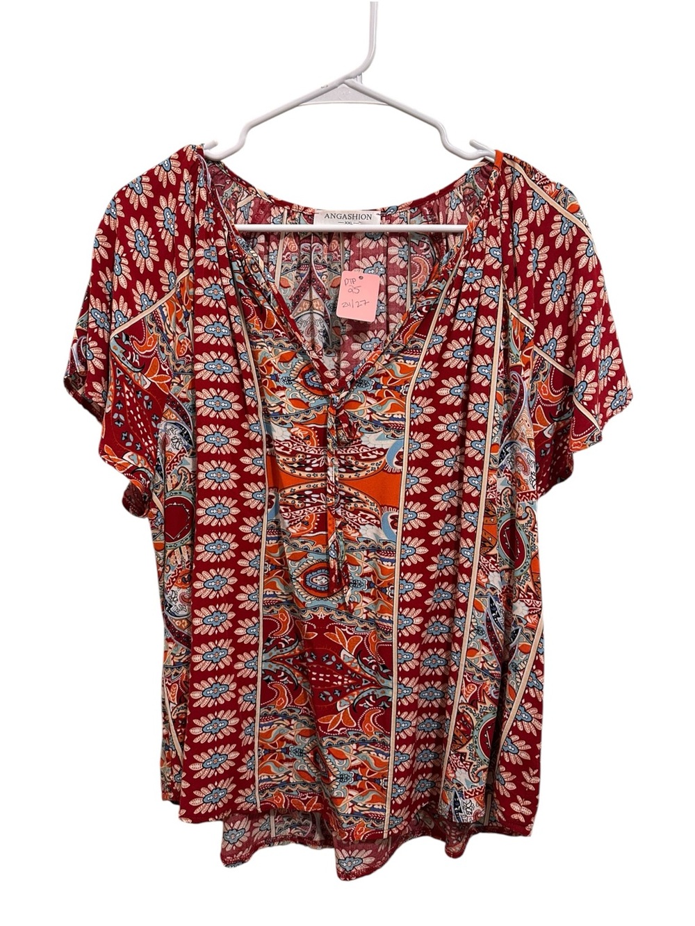 Red Floral Paisley V-Neck Short Sleeve Blouse